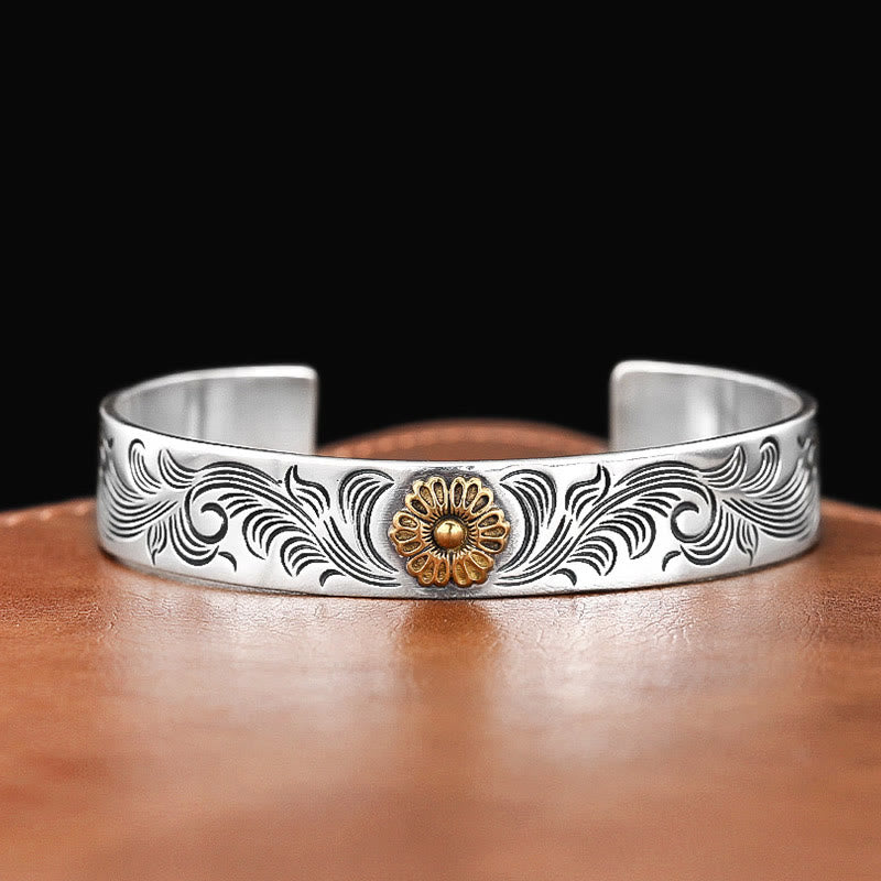 Stone of buddha Tang Dynasty Flower Design Rose Flower Feather Carved Copper Luck Bracelet Bangle