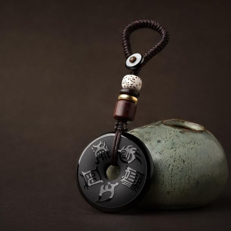Stone of buddha Black Obsidian Taoism Five Sacred Mountains Carved Strength Peace Buckle Necklace Pendant Key Chain Phone Hanging Decoration