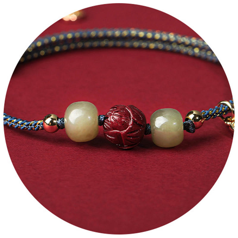 Stone of buddha 14K Gold Plated Hetian Jade Cinnabar Lotus Luck Handcrafted Rope Bracelet