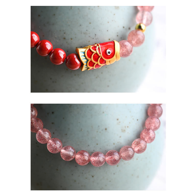 Stone of buddha Natural Strawberry Quartz Cinnabar Lucky Koi Fish Healing Bracelet
