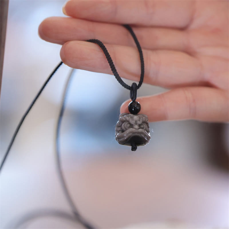 Stone of buddha Natural Silver Sheen Obsidian Dancing Lion Protection Necklace Pendant