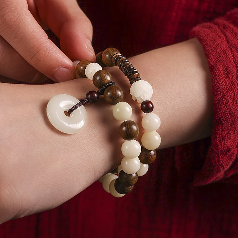 Stone of buddha Bodhi Seed Green Sandalwood Lotus Peace Buckle Harmony Double Wrap Bracelet