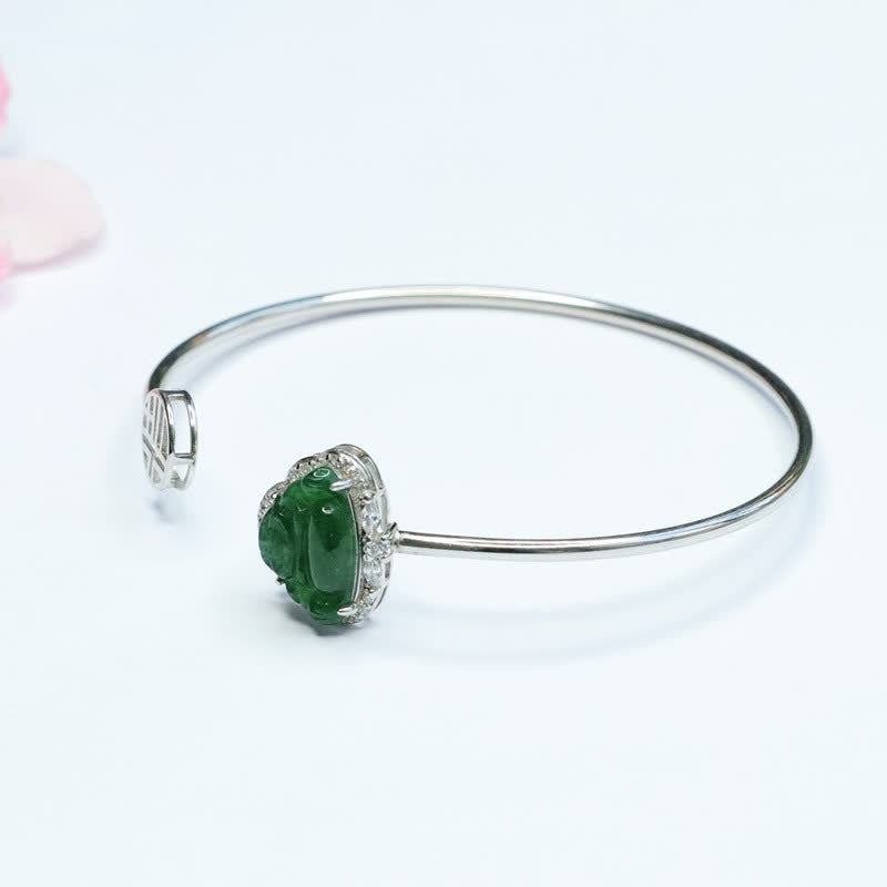Stone of buddha 925 Sterling Silver Laughing Buddha Jade Luck Bracelet Bangle