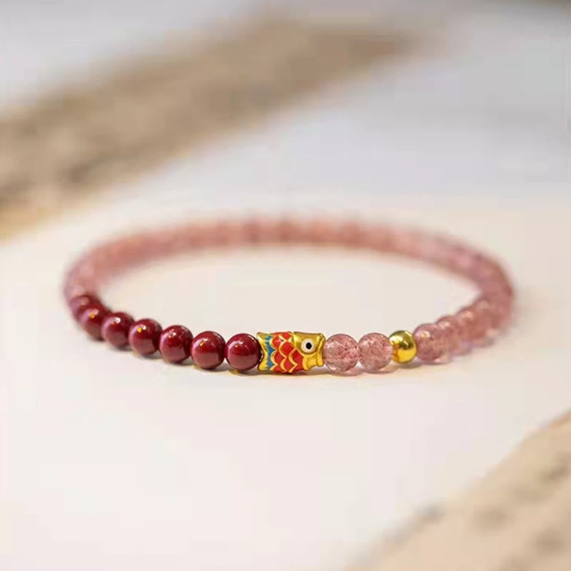 Stone of buddha Natural Strawberry Quartz Cinnabar Lucky Koi Fish Healing Bracelet
