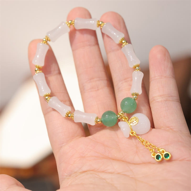 Stone of buddha Natural White Golden Silk Jade Bamboo Pattern Wealth Lucky Bag Fu Character Bracelet