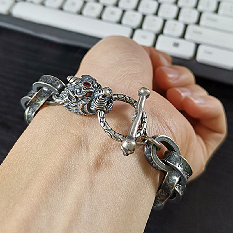 Stone of buddha 925 Sterling Silver Dragon Kirin Om Mani Padme Hum Success Strength Bracelet Bangle