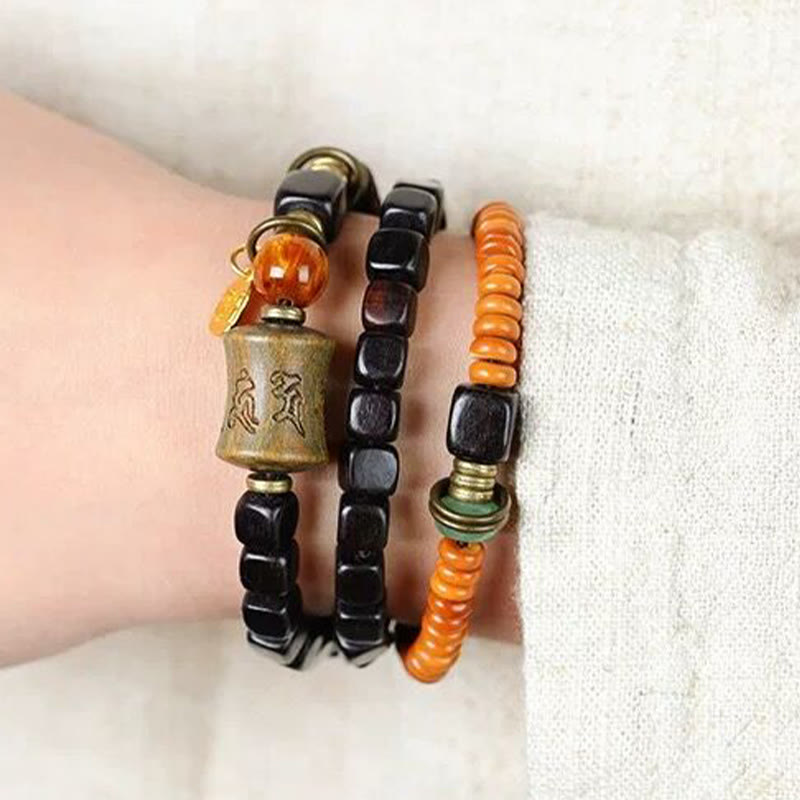 Stone of buddha Green Sandalwood Ebony Om Mani Padme Hum Engraved Peace Triple Wrap Bracelet