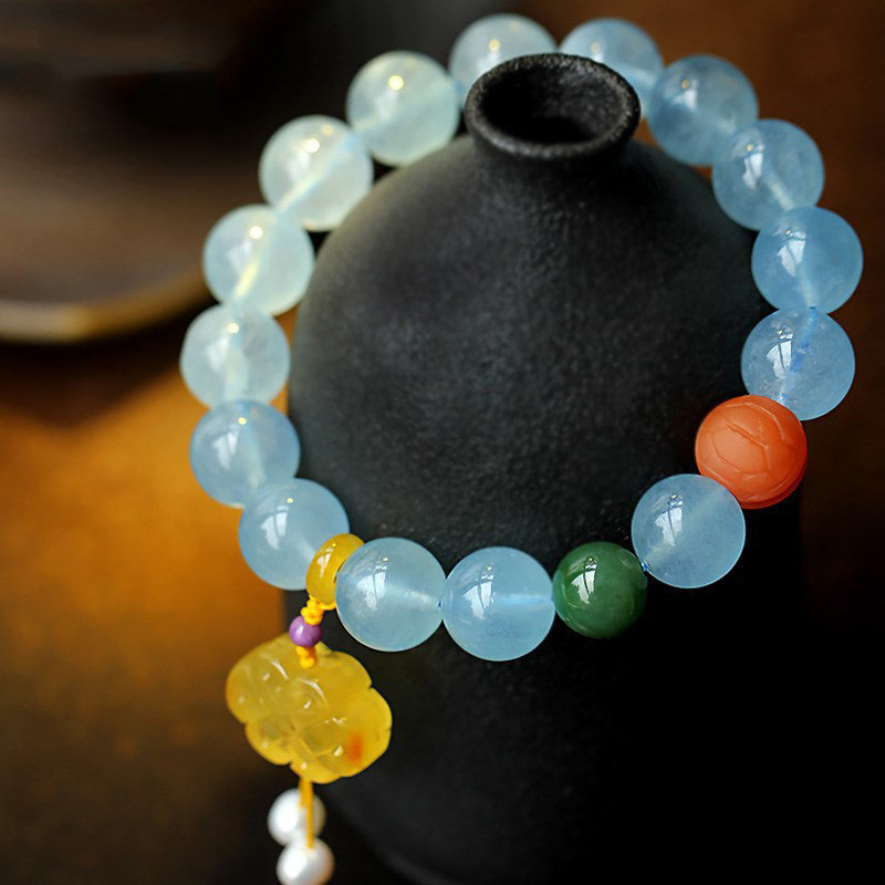 Stone of buddha Natural Aquamarine Amber Chinese Knotting Charm Peace Bracelet