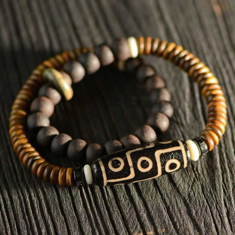 Stone of buddha Tibetan Nine-Eye Dzi Bead Green Sandalwood Ebony Wood Peace Double Wrap Bracelet
