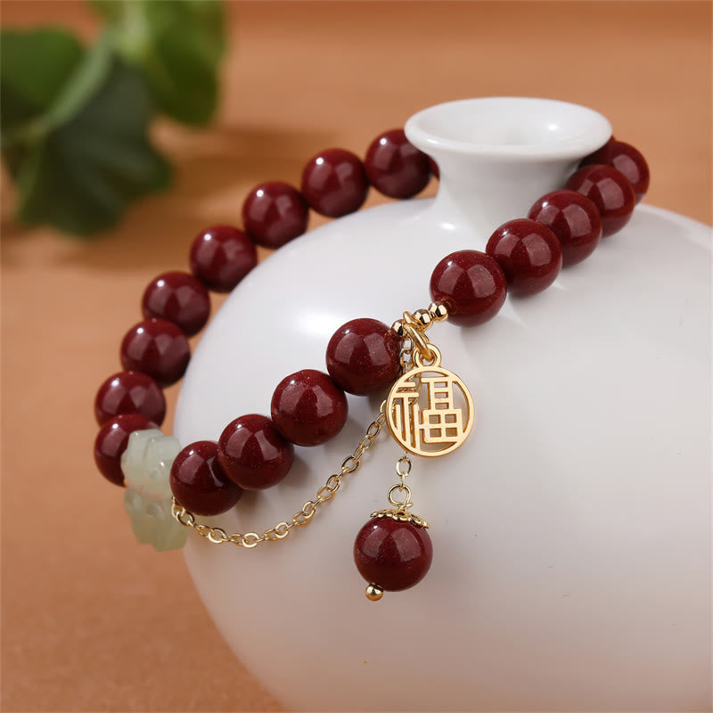 Stone of buddha Cinnabar Fu Character Hetian Jade Lucky Four Leaf Clover Blessing Bracelet