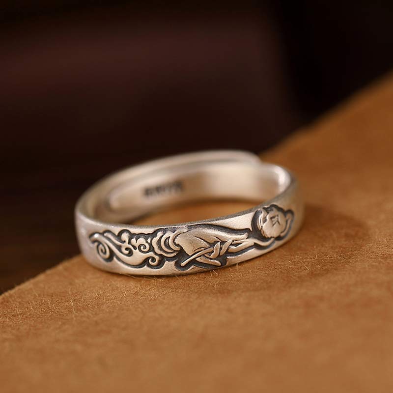 Stone of buddha 999 Sterling Silver Lotus Peony Flower Enlightenment Ring