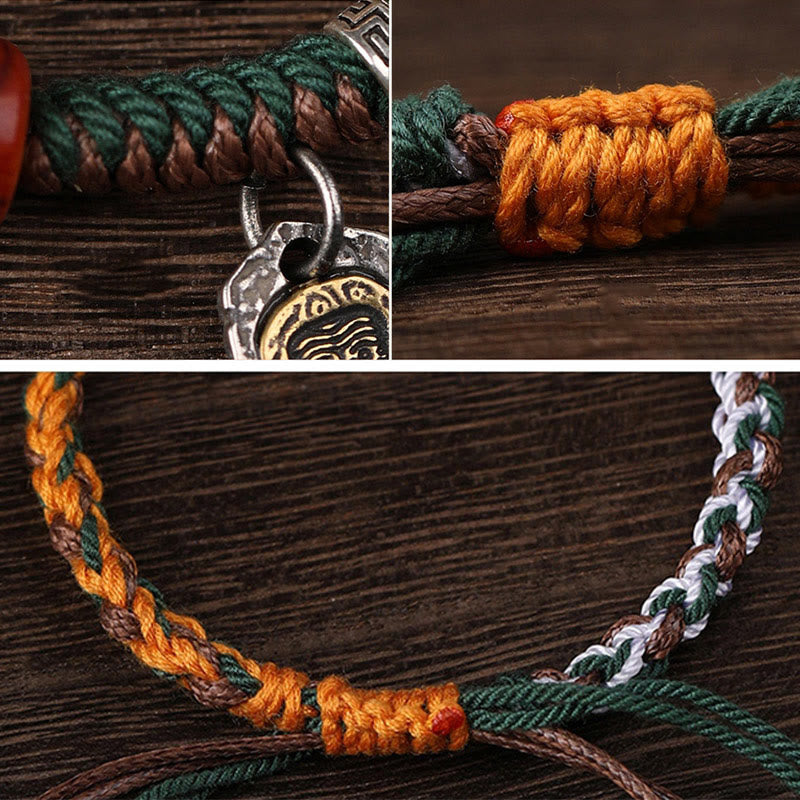 Stone of buddha Handmade Tibetan Silver 925 Sterling Silver Zakiram Goddess of Wealth Camel Bone Protection Braided Bracelet