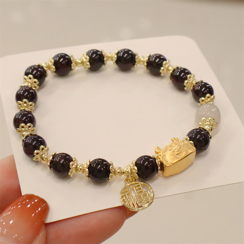 Stone of buddha Year Of The Dragon Red Agate Strawberry Quartz Black Obsidian Jade Garnet Pearl Cinnabar Dumpling Dragon Luck Fu Character Bracelet