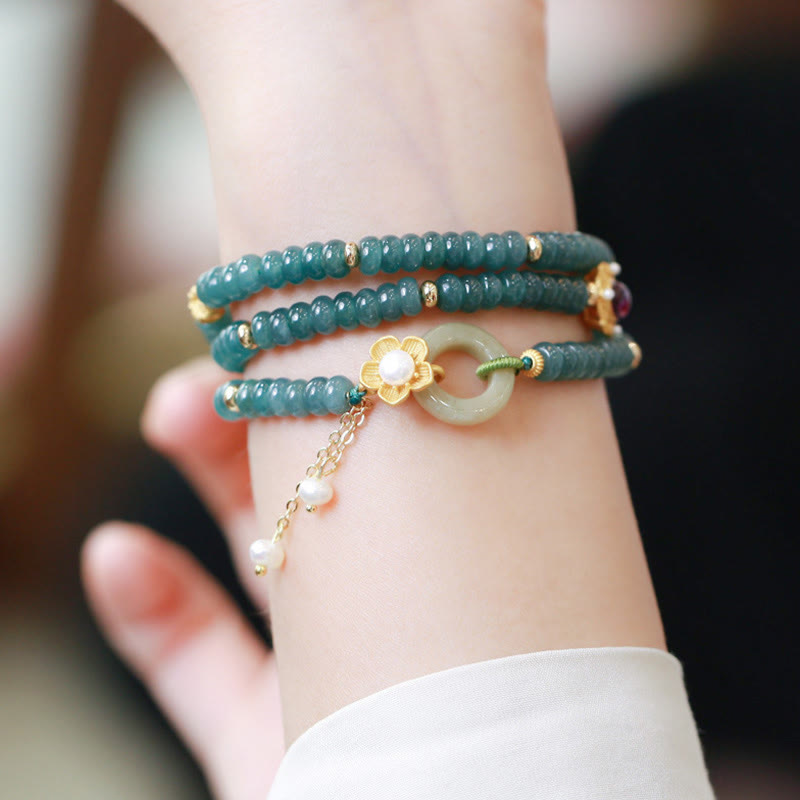 Stone of buddha 925 Sterling Silver Gold Plated Cyan Jade Flower Peace Buckle Success Triple Wrap Bracelet