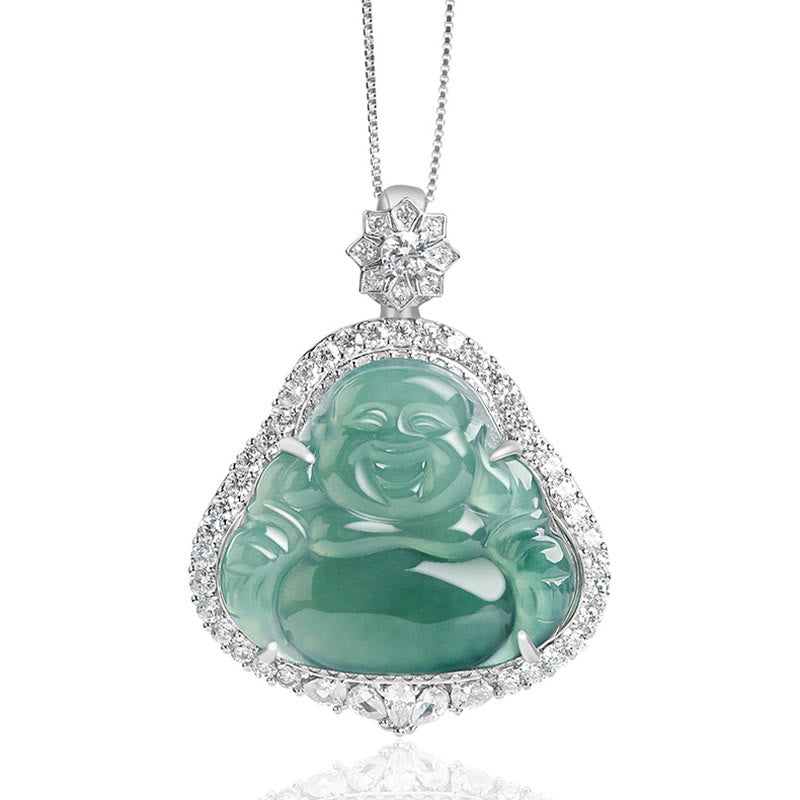 Stone of buddha 925 Sterling Silver Laughing Buddha Natural Jade Luck Abundance Chain Necklace Pendant