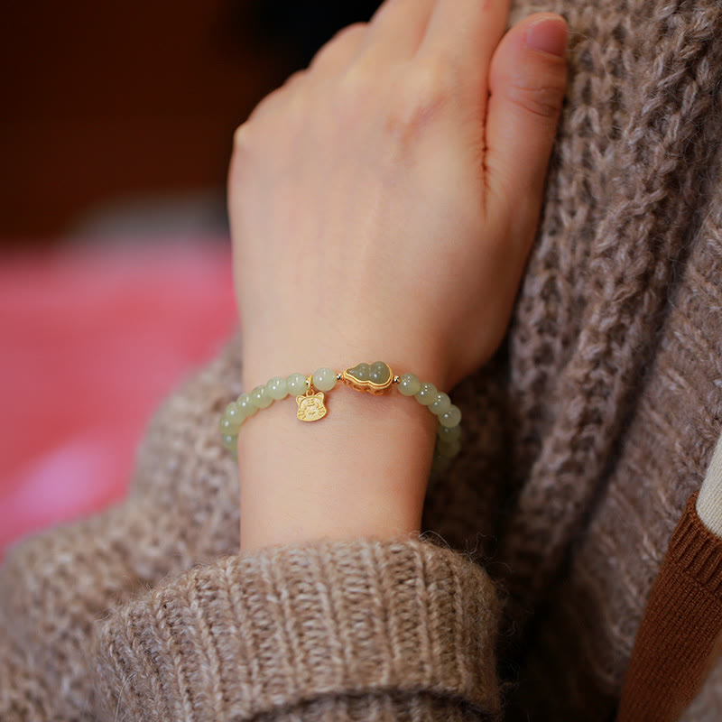 Stone of buddha 925 Sterling Silver Plated Gold Natural Hetian Jade Bead Gourd Lotus Bamboo Fu Character Luck Bracelet