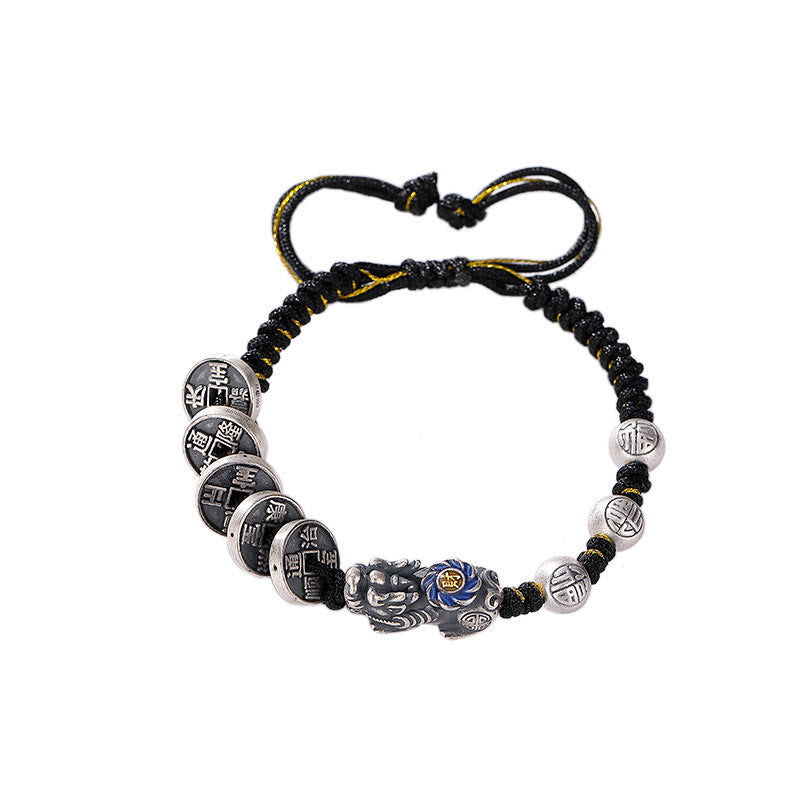 Stone of buddha 999 Sterling Silver FengShui PiXiu Copper Coin Fu Character Wealth Braided Bracelet