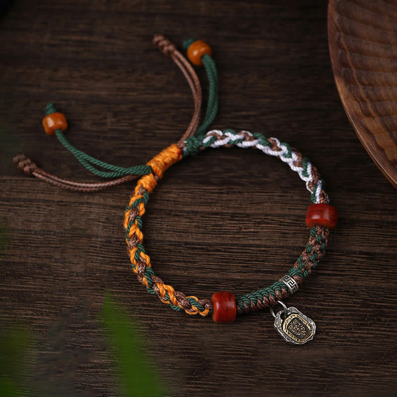Stone of buddha Handmade Tibetan Silver 925 Sterling Silver Zakiram Goddess of Wealth Camel Bone Protection Braided Bracelet