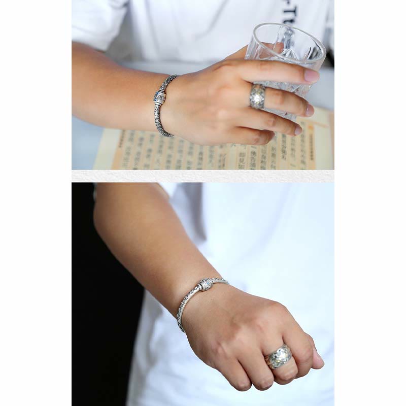 Stone of buddha 990 Sterling Silver Tibetan Auspicious Clouds Om Mani Padme Hum Engraved Creativity Bracelet Bangle