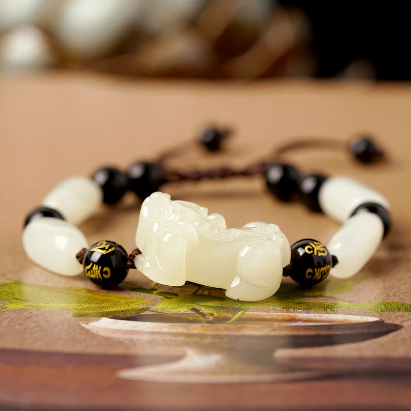 Stone of buddha Natural Hetian White Jade PiXiu Wealth String Bracelet