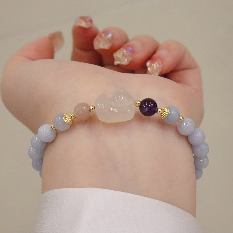 Stone of buddha Natural Aquamarine Chalcedony Serenity Rabbit Gourd Cat Charm Bracelet