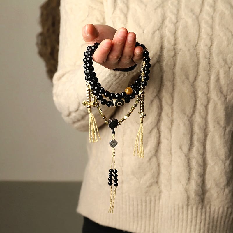 Stone of buddha Tibetan 108 Mala Beads Black Onyx Three-eyed Dzi Beads Protection Bracelet