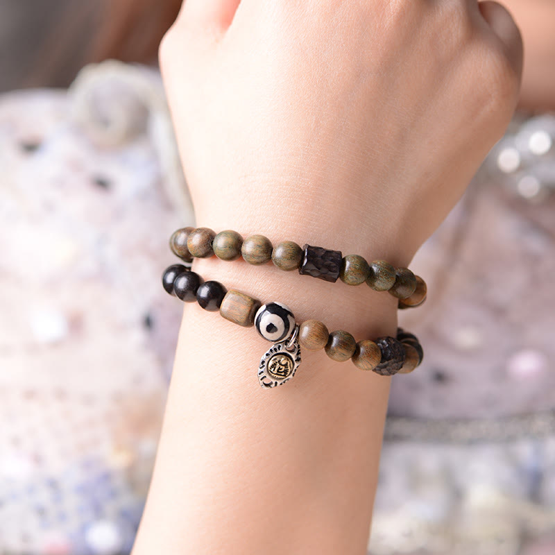 Stone of buddha Tibetan Green Sandalwood Ebony Wood Three-eyed Dzi Bead Fu Character Balance Peace Double Wrap Bracelet