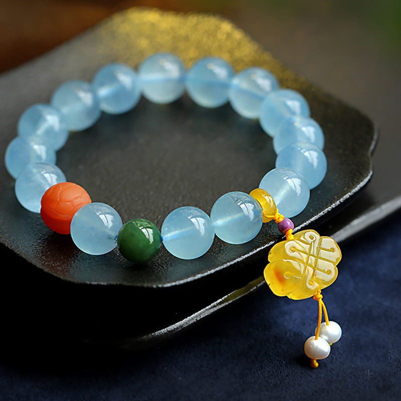 Stone of buddha Natural Aquamarine Amber Chinese Knotting Charm Peace Bracelet