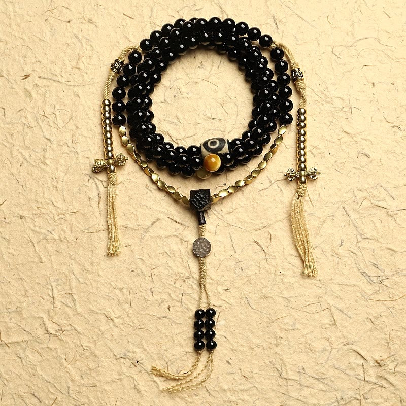 Stone of buddha Tibetan 108 Mala Beads Black Onyx Three-eyed Dzi Beads Protection Bracelet