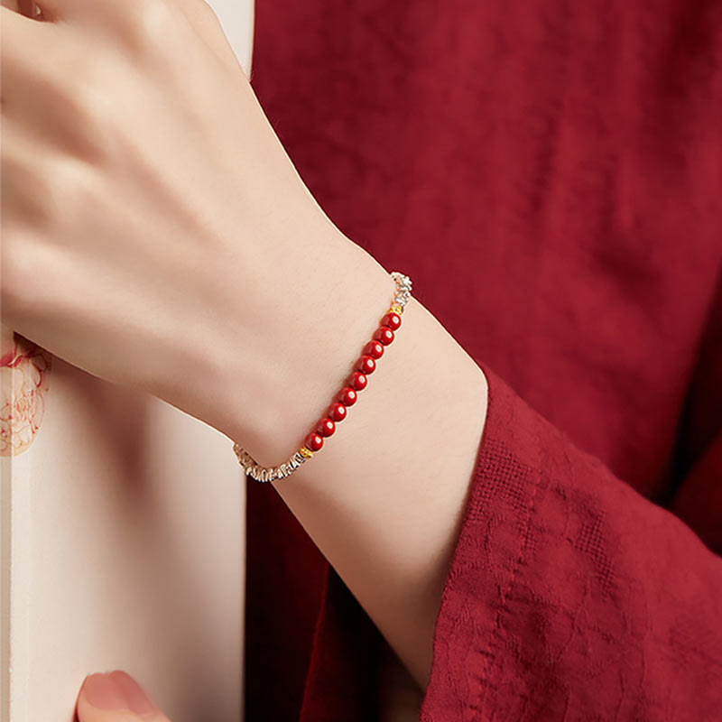 Stone of buddha 925 Sterling Silver Cinnabar Fu Character Blessing Bracelet