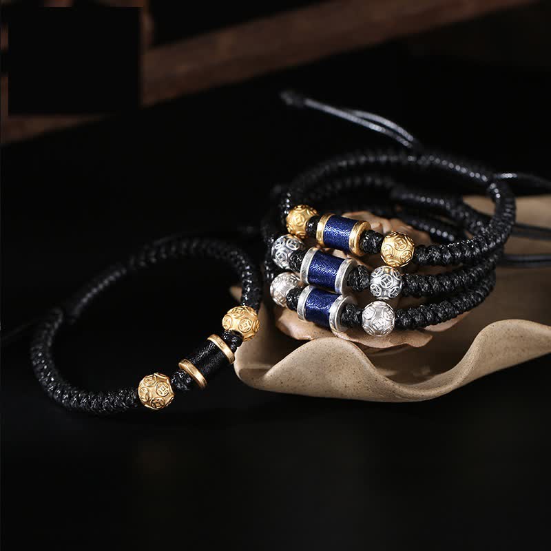 Stone of buddha 999 Sterling Silver Copper Coin Bead Copper Balance Braided String Bracelet