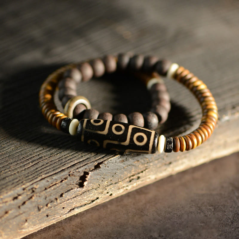 Stone of buddha Tibetan Nine-Eye Dzi Bead Green Sandalwood Ebony Wood Peace Double Wrap Bracelet