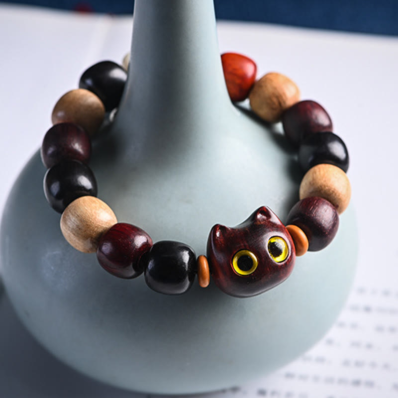 Stone of buddha Small Leaf Red Sandalwood Ebony Wood Cute Cat Engraved Protection Bracelet