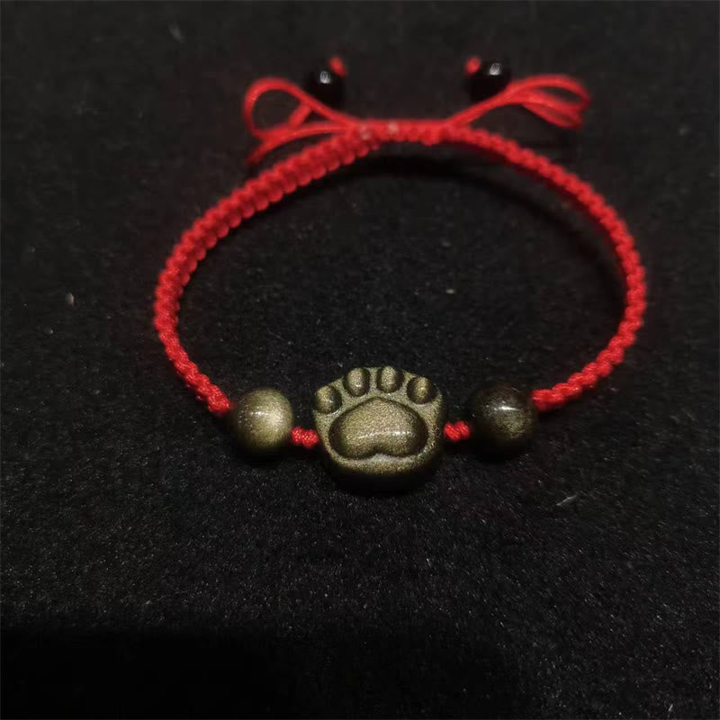 Stone of buddha Natural Silver Sheen Obsidian Gold Sheen Obsidian Cute Cat Paw Claw Protection Rope Bracelet