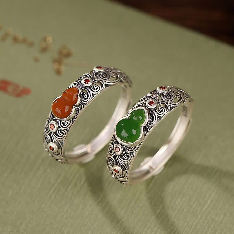 Stone of buddha 925 Sterling Silver Red Agate Cyan Jade Gourd Blessing Auspicious Ring
