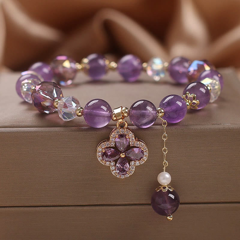 Stone of buddha Natural Amethyst Crystal Four Leaf Clover Spiritual Healing Bracelet