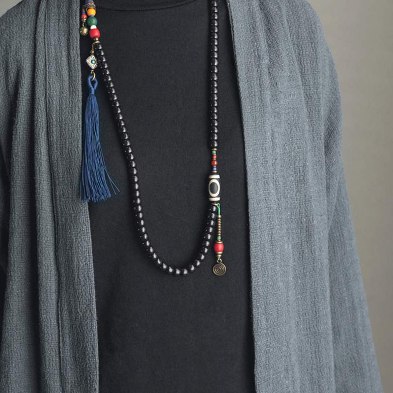 Stone of buddha 108 Beads Mala Ebony Wood Dzi Bead Copper Balance Tassel Bracelet