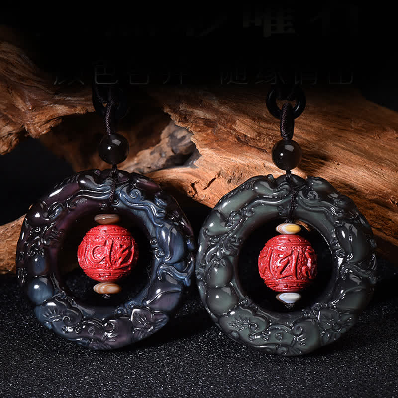 Stone of buddha FengShui Natural Rainbow Obsidian PiXiu Cinnabar Healing Necklace Pendant