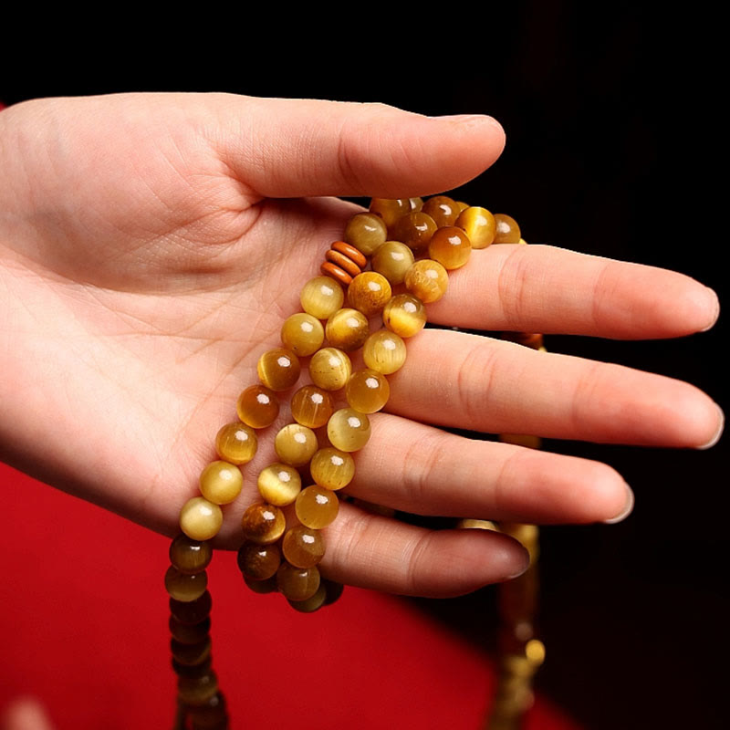 Stone of buddha 108 Mala Beads Natural Tiger Eye Copper Dorje Protection Tassel Bracelet