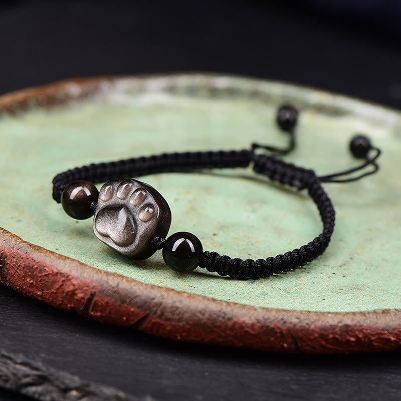 Stone of buddha Natural Silver Sheen Obsidian Gold Sheen Obsidian Cute Cat Paw Claw Protection Rope Bracelet