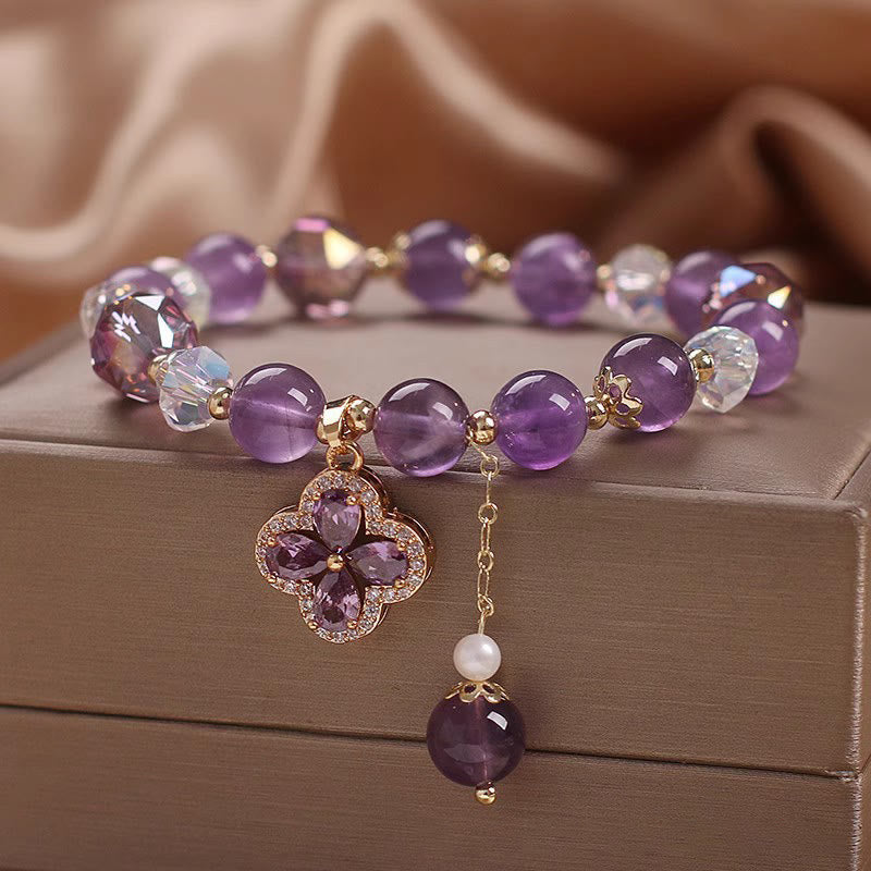 Stone of buddha Natural Amethyst Crystal Four Leaf Clover Spiritual Healing Bracelet