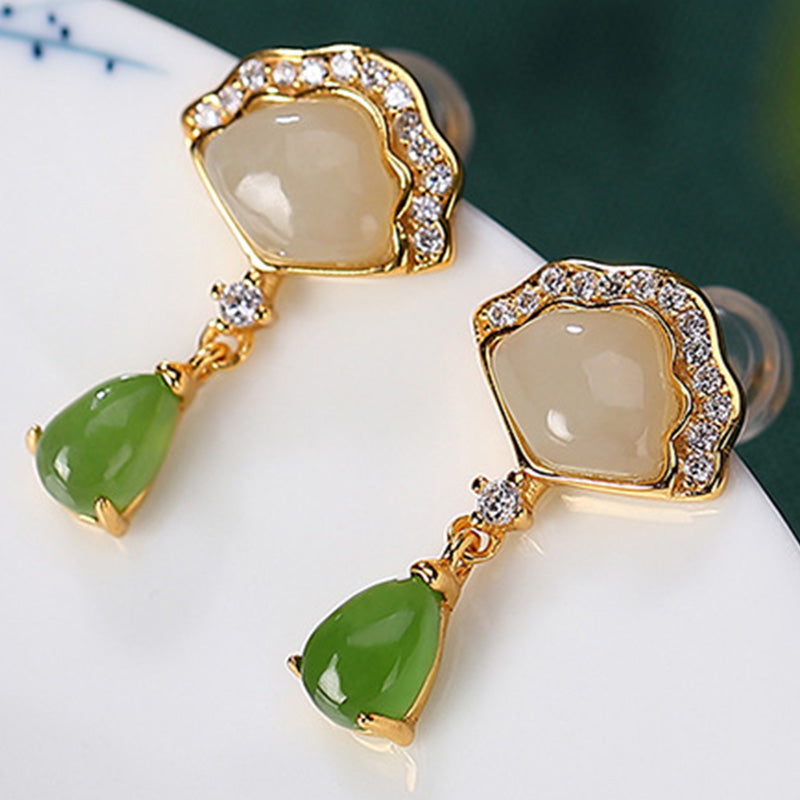 Stone of buddha White Jade Cyan Jade Fan Water Drop Pattern Luck Drop Earrings