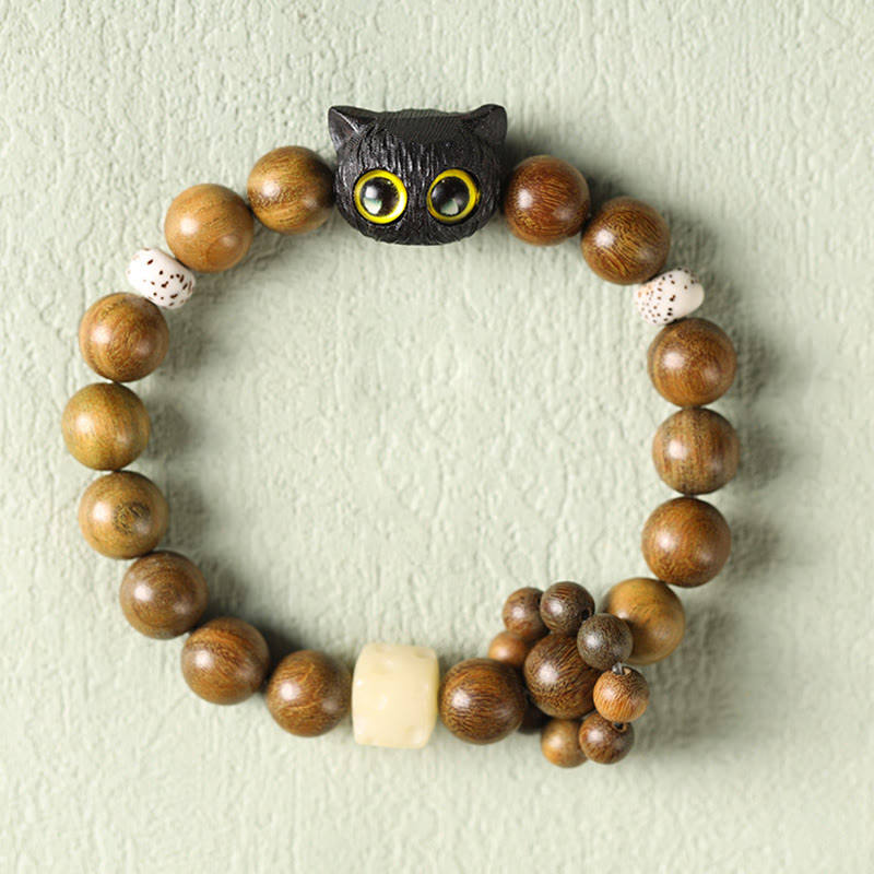 Stone of buddha Green Sandalwood Ebony Wood Cat Peace Soothing Bracelet