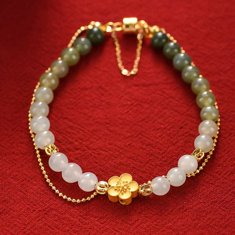Stone of buddha 925 Sterling Silver Natural Hetian Jade Peach Blossom Luck Chain Bracelet
