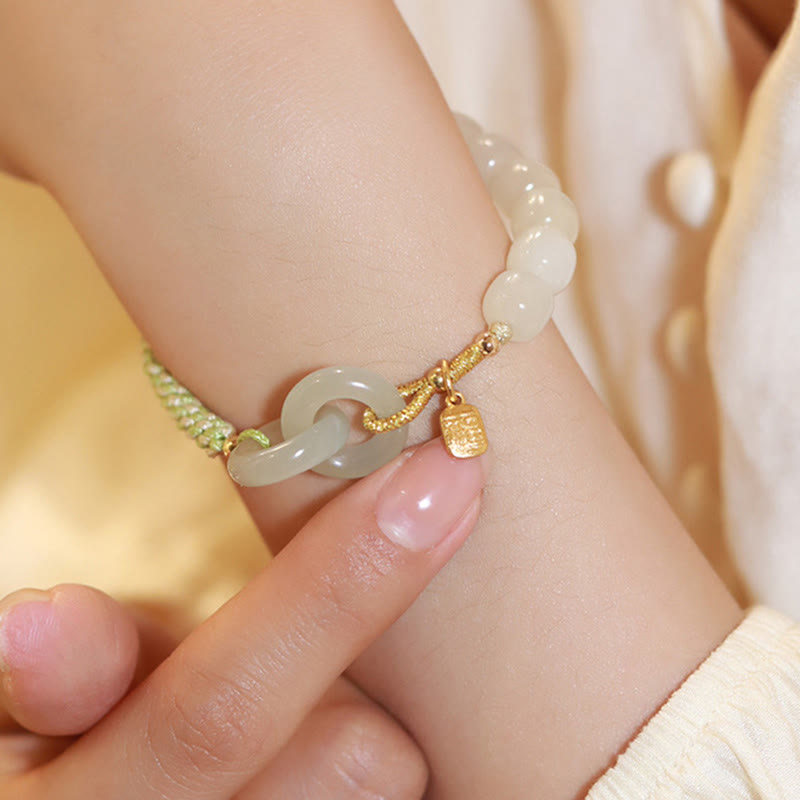Stone of buddha Natural Hetian Jade Bead Double Peace Buckle Fu Character Abundance Braided Bracelet