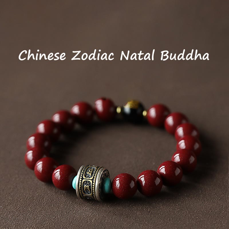 Stone of buddha 925 Sterling Silver Chinese Zodiac Natal Buddha Cinnabar Om Mani Padme Hum Calm Bracelet