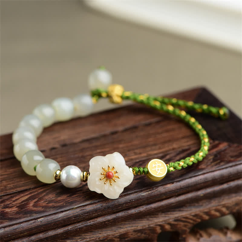 Stone of buddha 925 Sterling Silver Natural Hetian Jade Peach Blossom Luck Bracelet