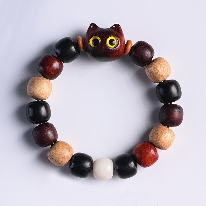 Stone of buddha Small Leaf Red Sandalwood Ebony Wood Cute Cat Engraved Protection Bracelet