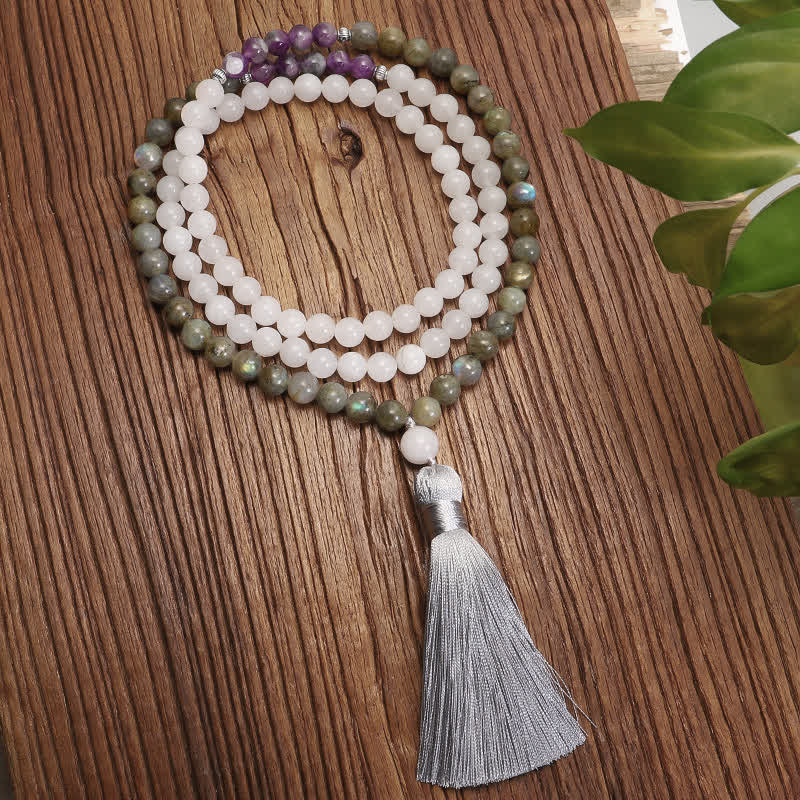 Stone of buddha 108 Mala Beads White Agate Amethyst Black Glitter Stone Protection Bracelet