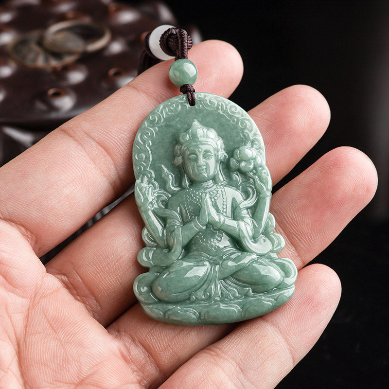 Stone of buddha Four-armed Avalokitesvara Natural Jade Amulet Blessing String Necklace